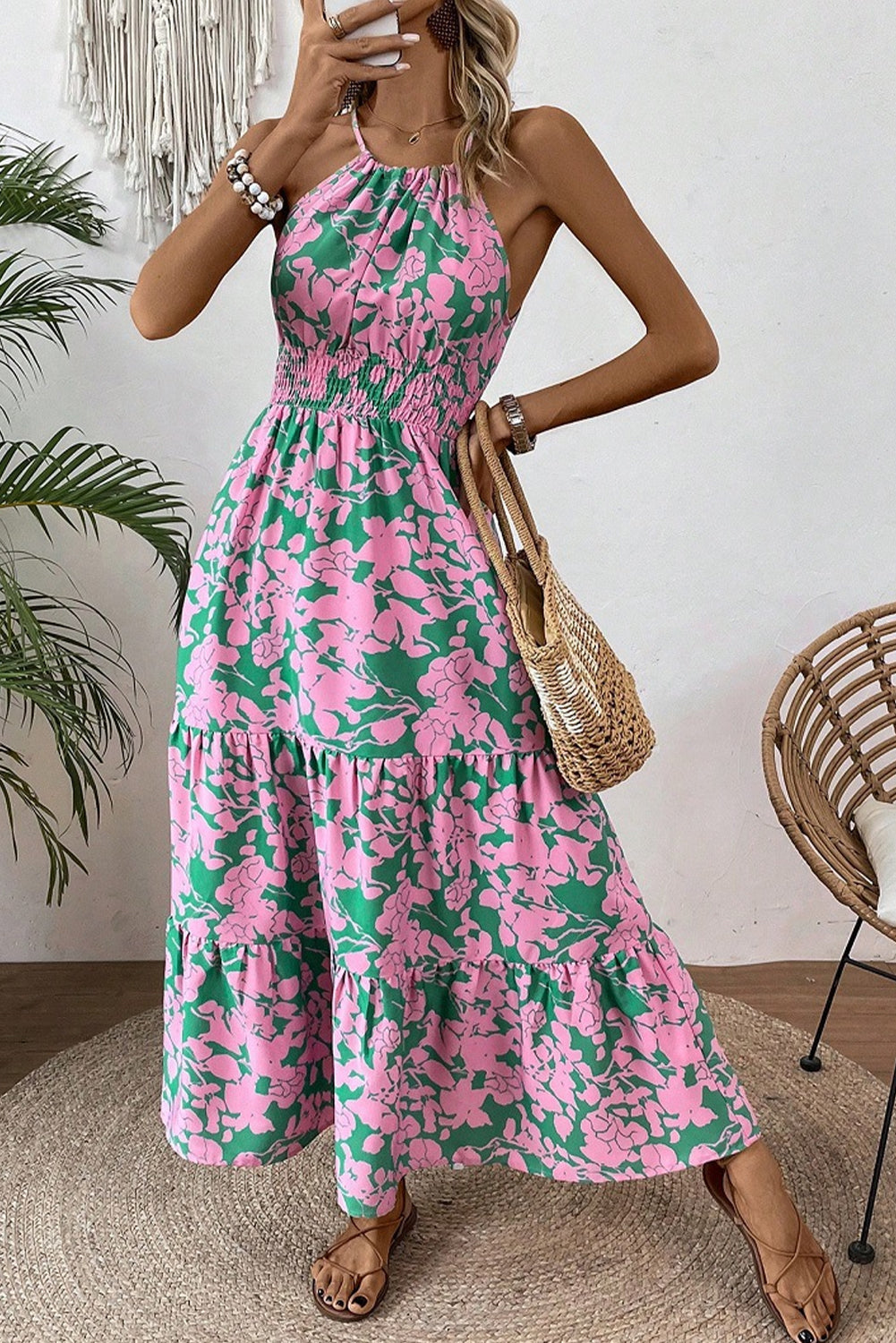 Pink Floral Shirred High Waist Tiered Halter Dress 4cf09a1f5bc2f954