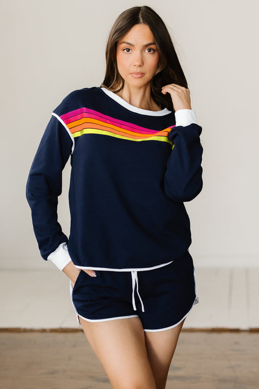 Bluing Colorful Striped Accent Varsity Long Sleeve Pullover and Shorts Matching Set 4cfe042635d039ac