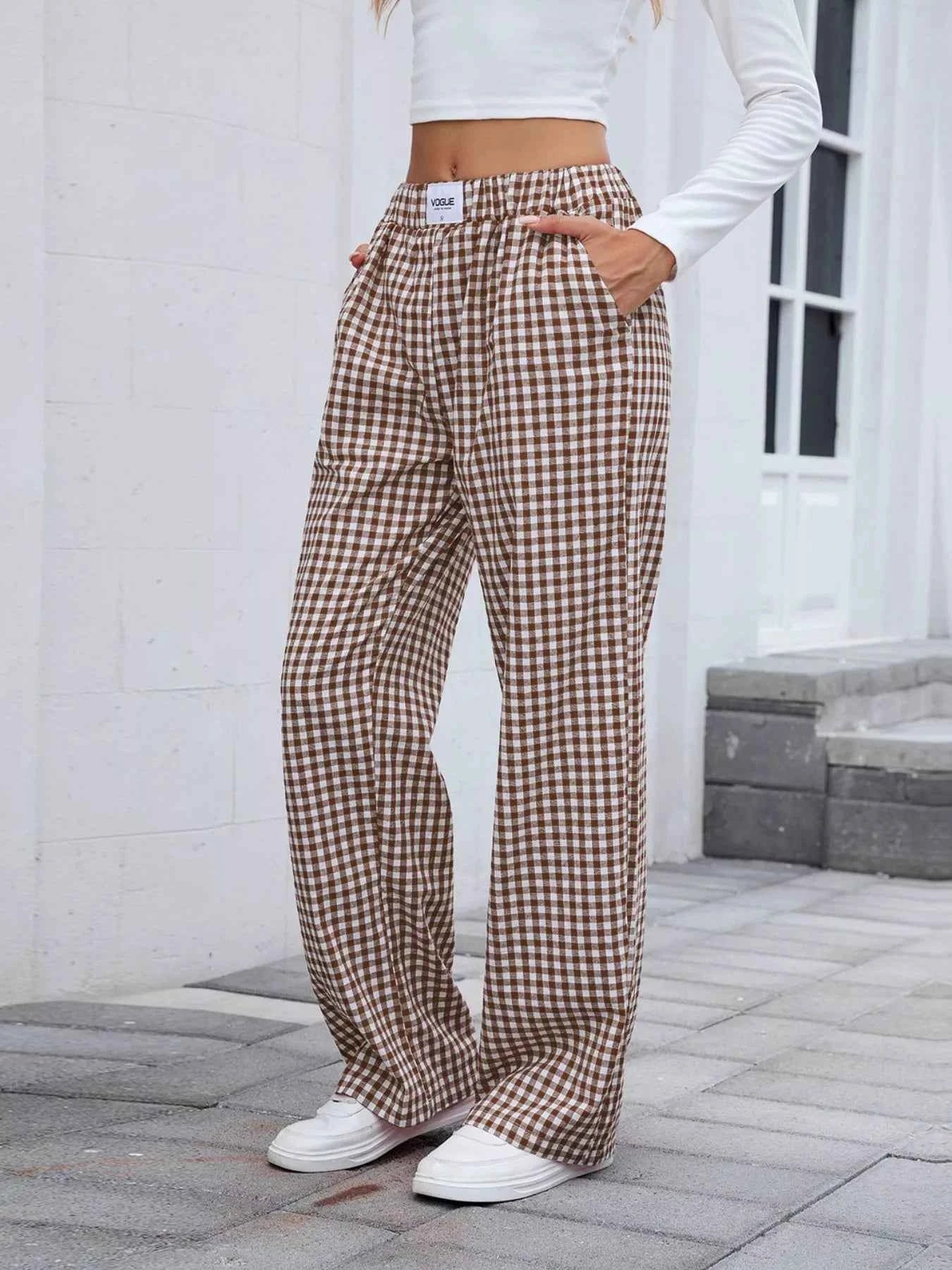 Plaid Wide Leg Casual Pants Brown 4d00d7fa-afd8-46f5-8451-700baefa56bd-Max-Origin