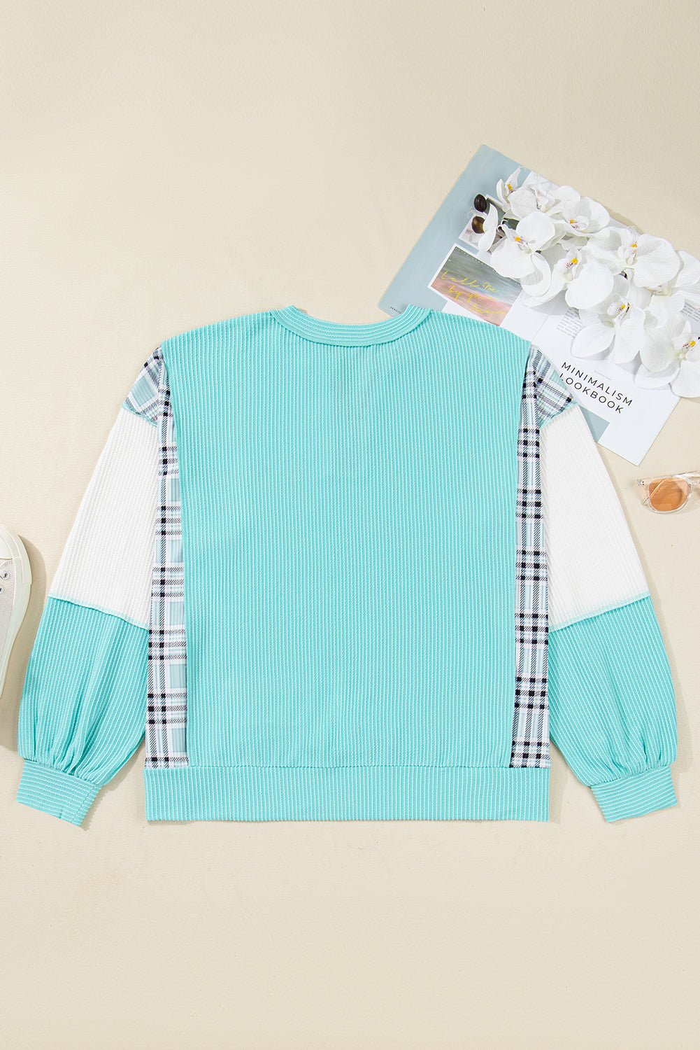 Aruba Blue Twist Ribbed Colorblock Plaid Patchwork Plus Size Top 4d02bdeb6dc3efb0