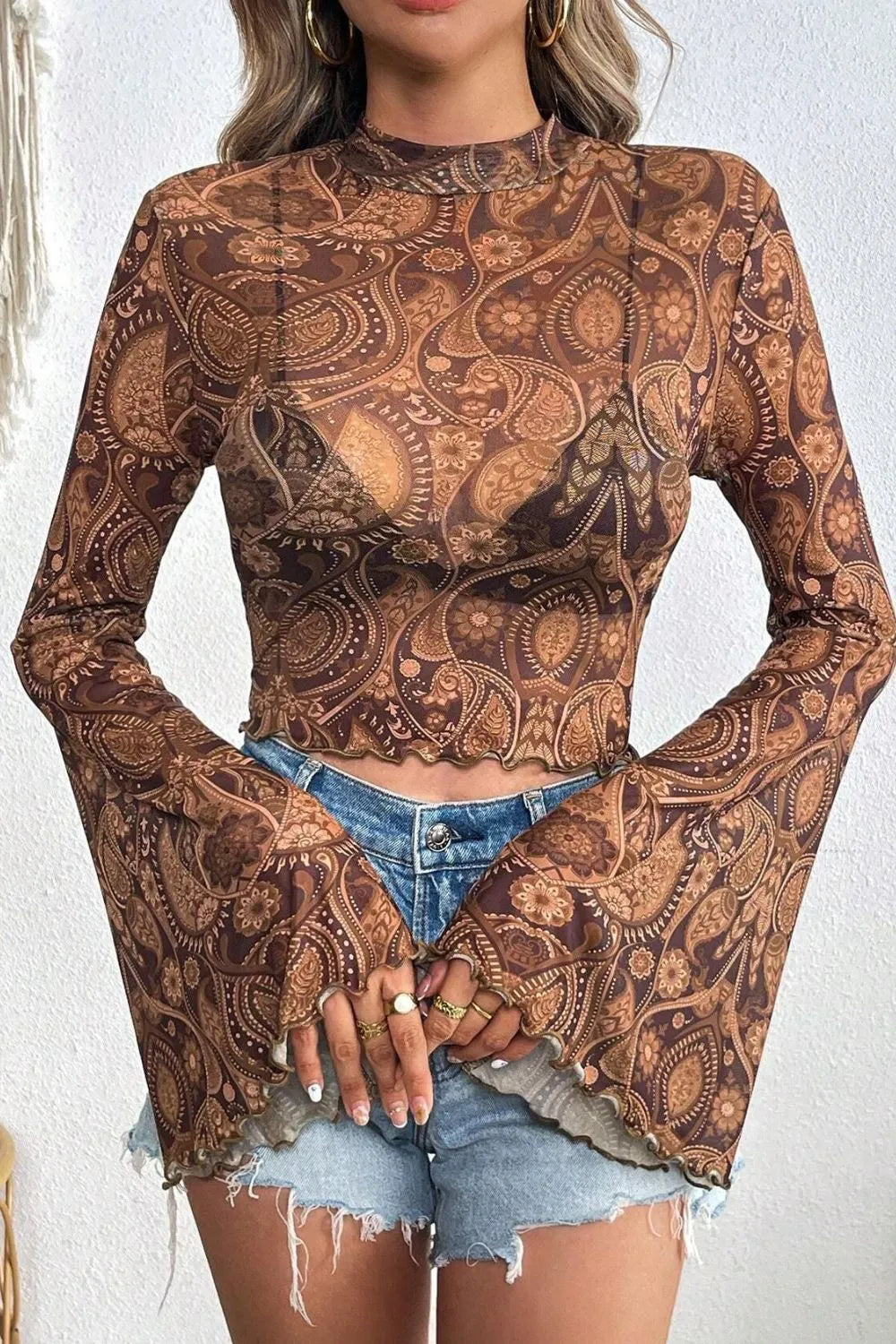 Printed Mock Neck Flare Sleeve Top 4d037df7-92bb-41e4-85ac-f787f44d7db3-Max