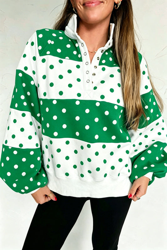 Green ka Dot Colorblock Half Zip Puff Sleeve Pullover Sweatshirt Green 100%Polyester 4d0771d2622aa76a