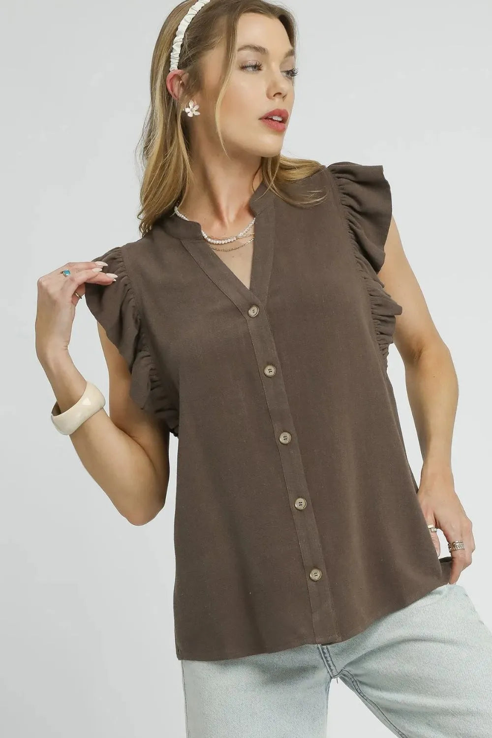 Linen Ruffle Sleeve Button-Down Shirt Coffee Brown