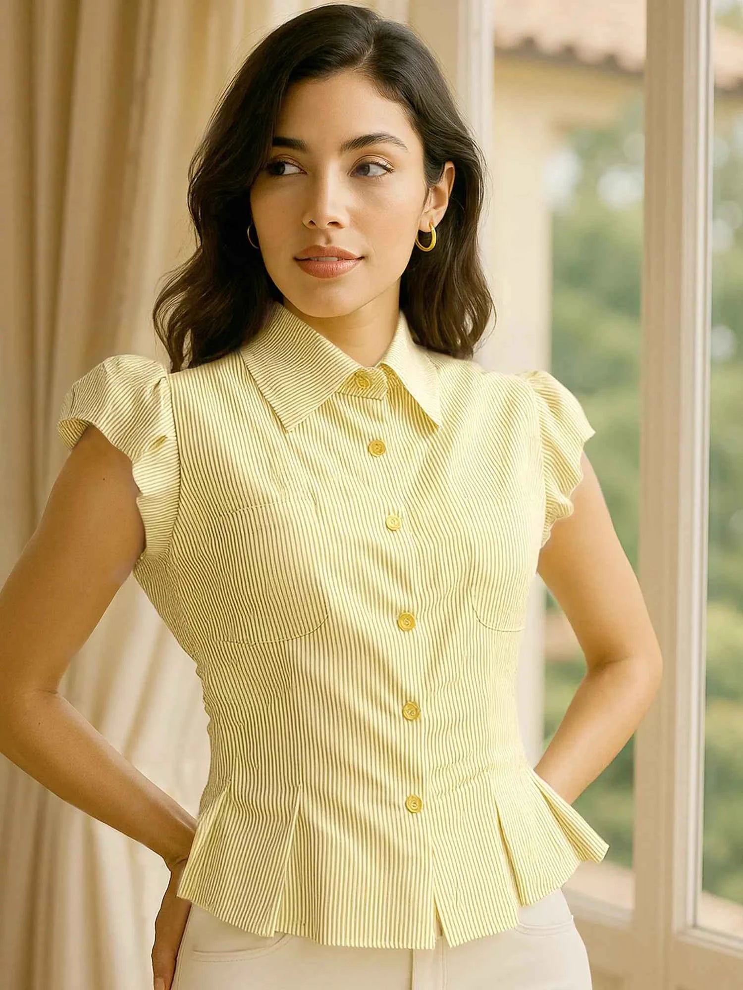 Striped Puff Sleeve Button-Up Shirt Yellow 4d1b88b0-7e91-42f8-bc23-c6346b5109c0-Max-Origin