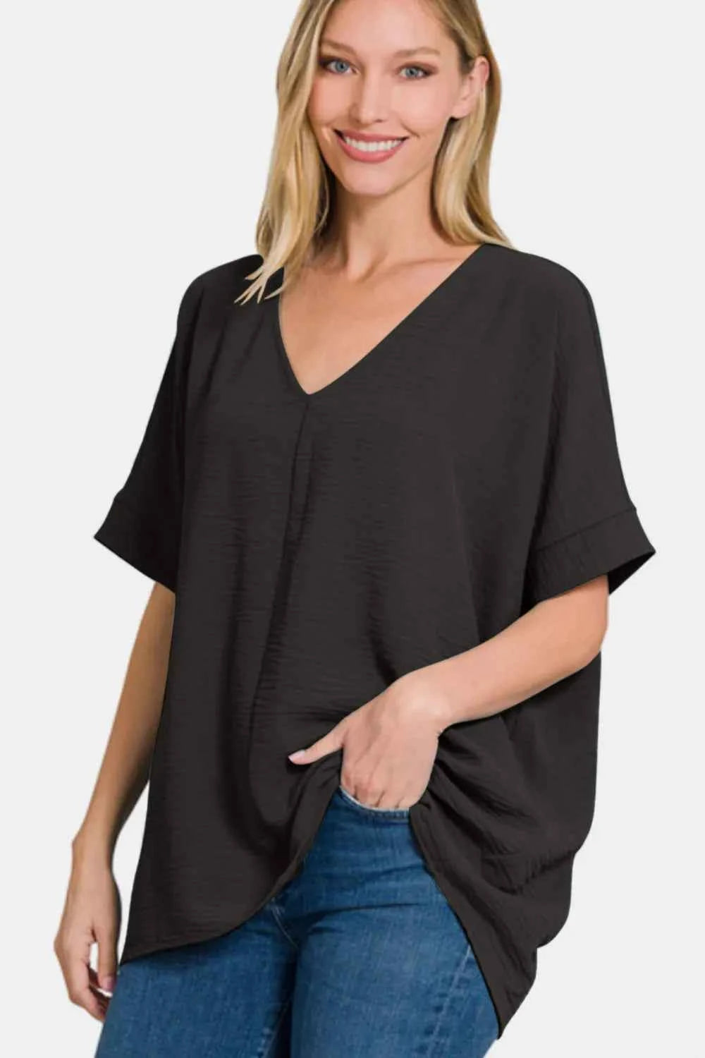 Full Size V-Neck Short Sleeve Top 4d1cb467-fd93-4dea-8aae-7a85df2f189d-Max