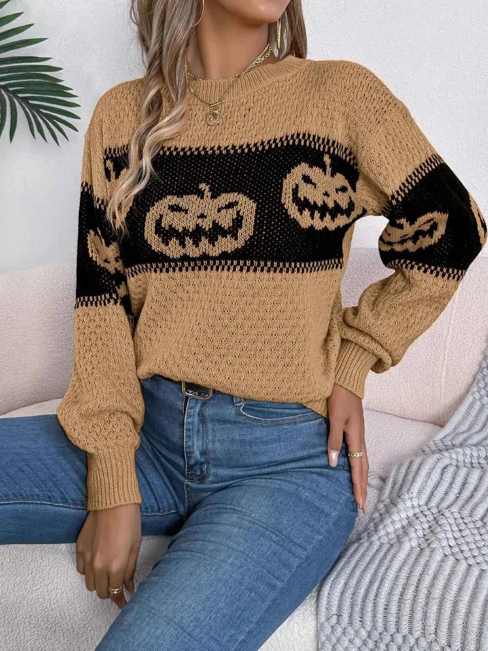 Pumpkin Round Neck Long Sleeve Sweater 4d26dd9c-5b4e-490a-9a2e-becf14bddadc-Max
