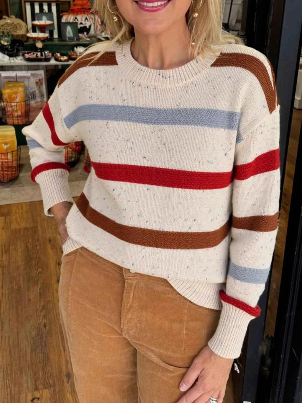 Striped Crew Neck Long Sleeve Sweater Beige 4d292d8f-115c-4a1b-a350-d7a1172edc99-Max-Origin