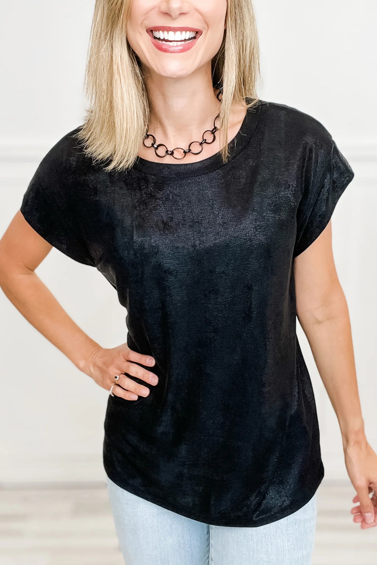 Black Metallic Round Neck Cap Sleeve Tee Black 100%Polyester 4d33cae0f17245b7