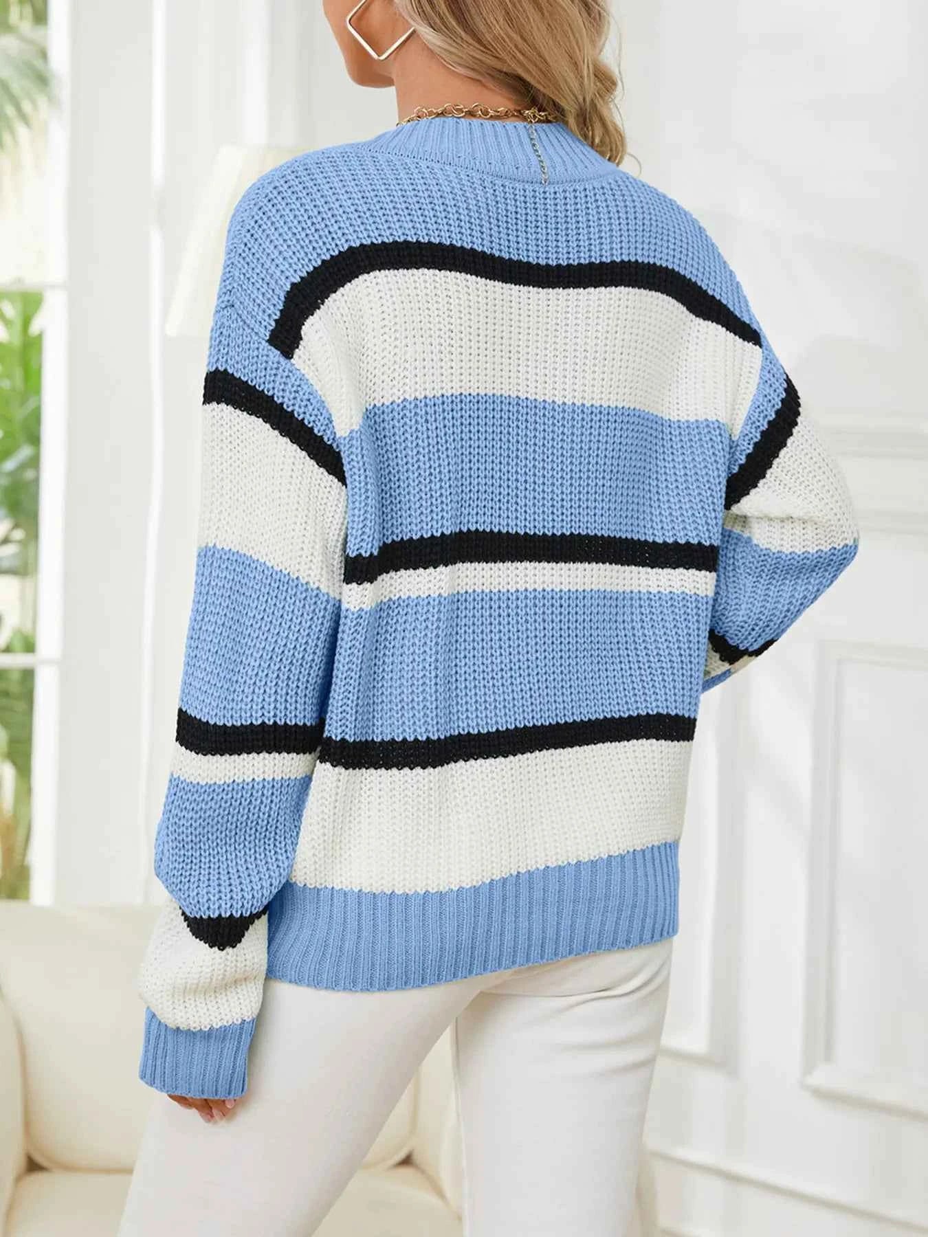 Striped V-Neck Color Block Sweater