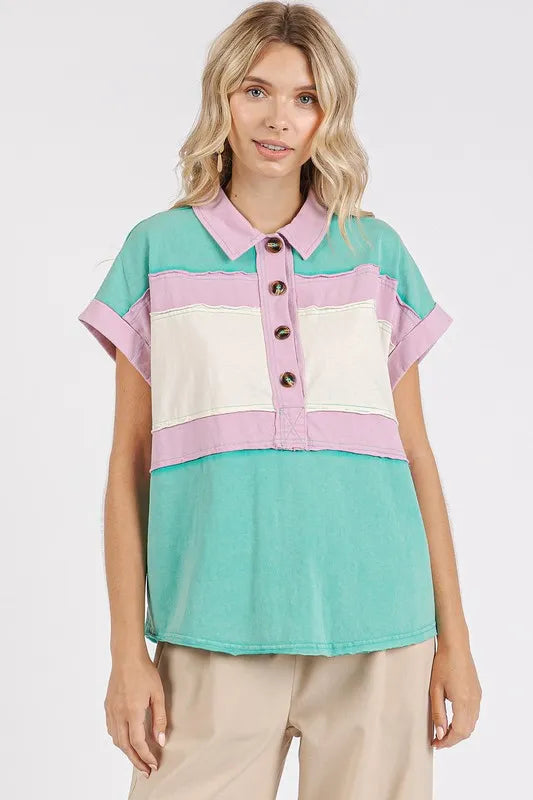 Mittoshop Color Block Henley Short Sleeve Polo Shirt Seafoam 4d3c4525-a12f-4099-96c1-5cdf431ecac7-Max