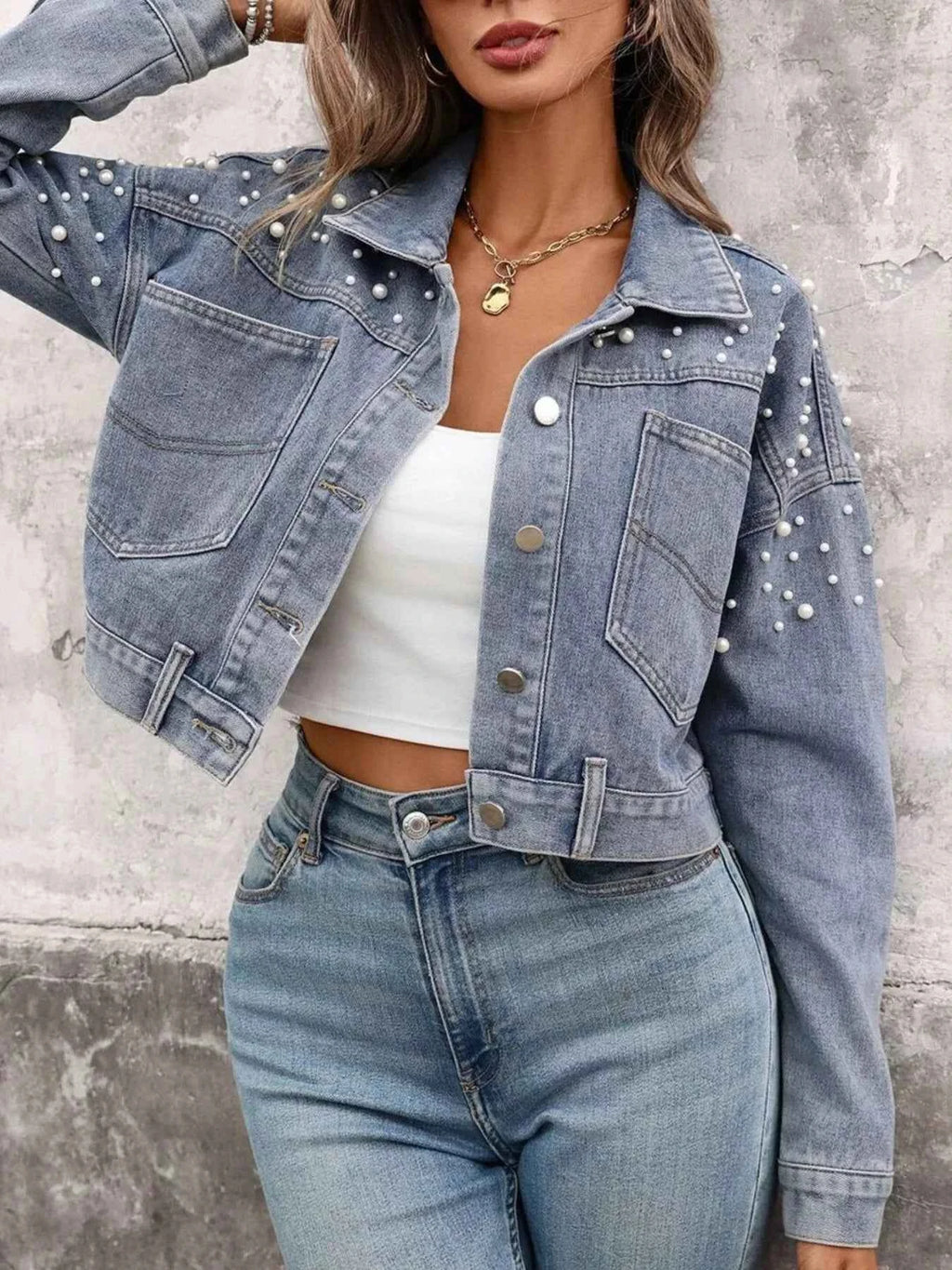Pearl Embellished Cropped Denim Jacket 4d3e2f17-d53a-4f0f-af36-b0f8965911f9-Max-Origin