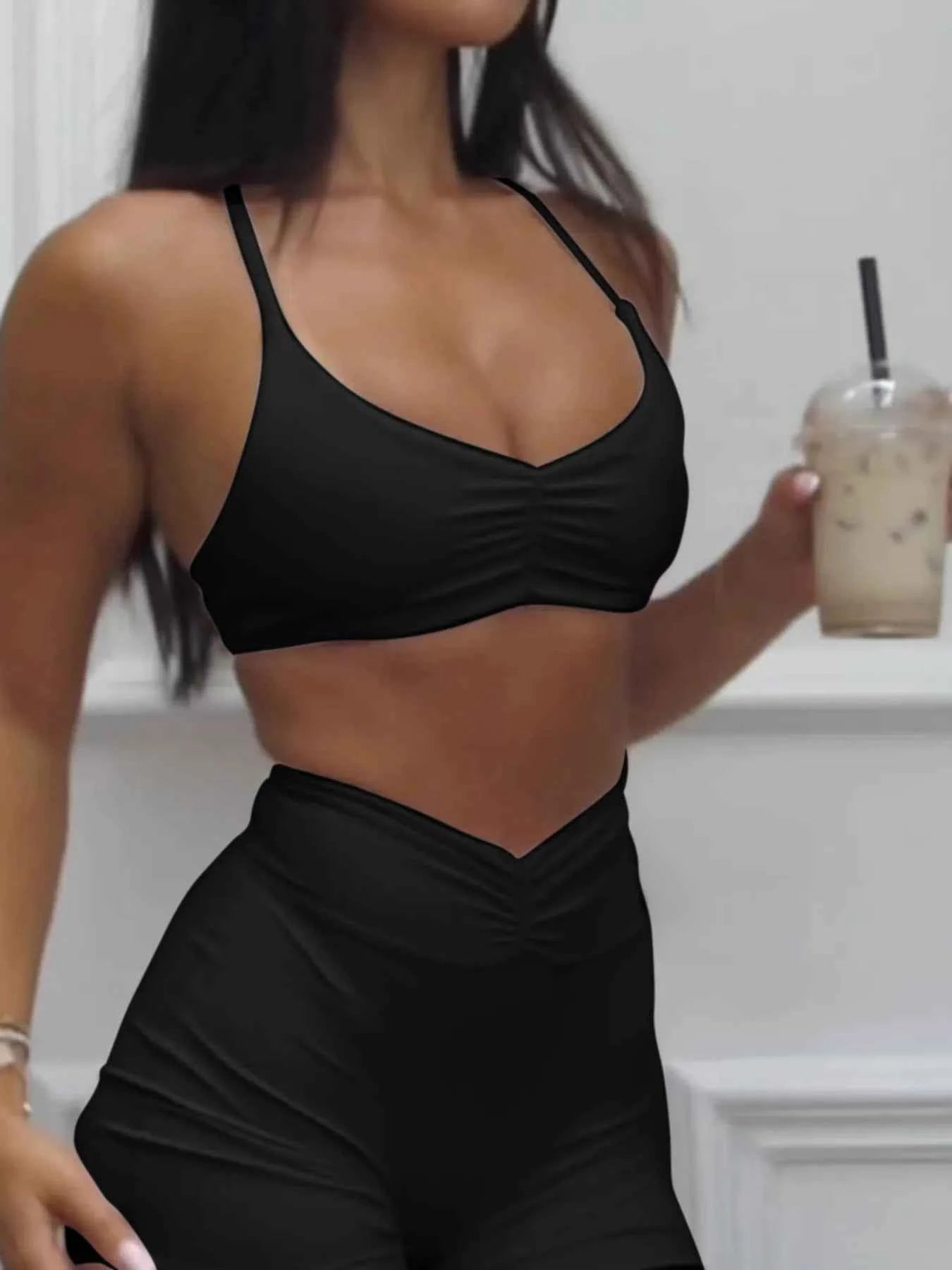 Ruched Sports Bra and High-Waisted Shorts Active Set Black 4d3e8a8fa6d64a1c8f2583d22fde202a-Max-Origin