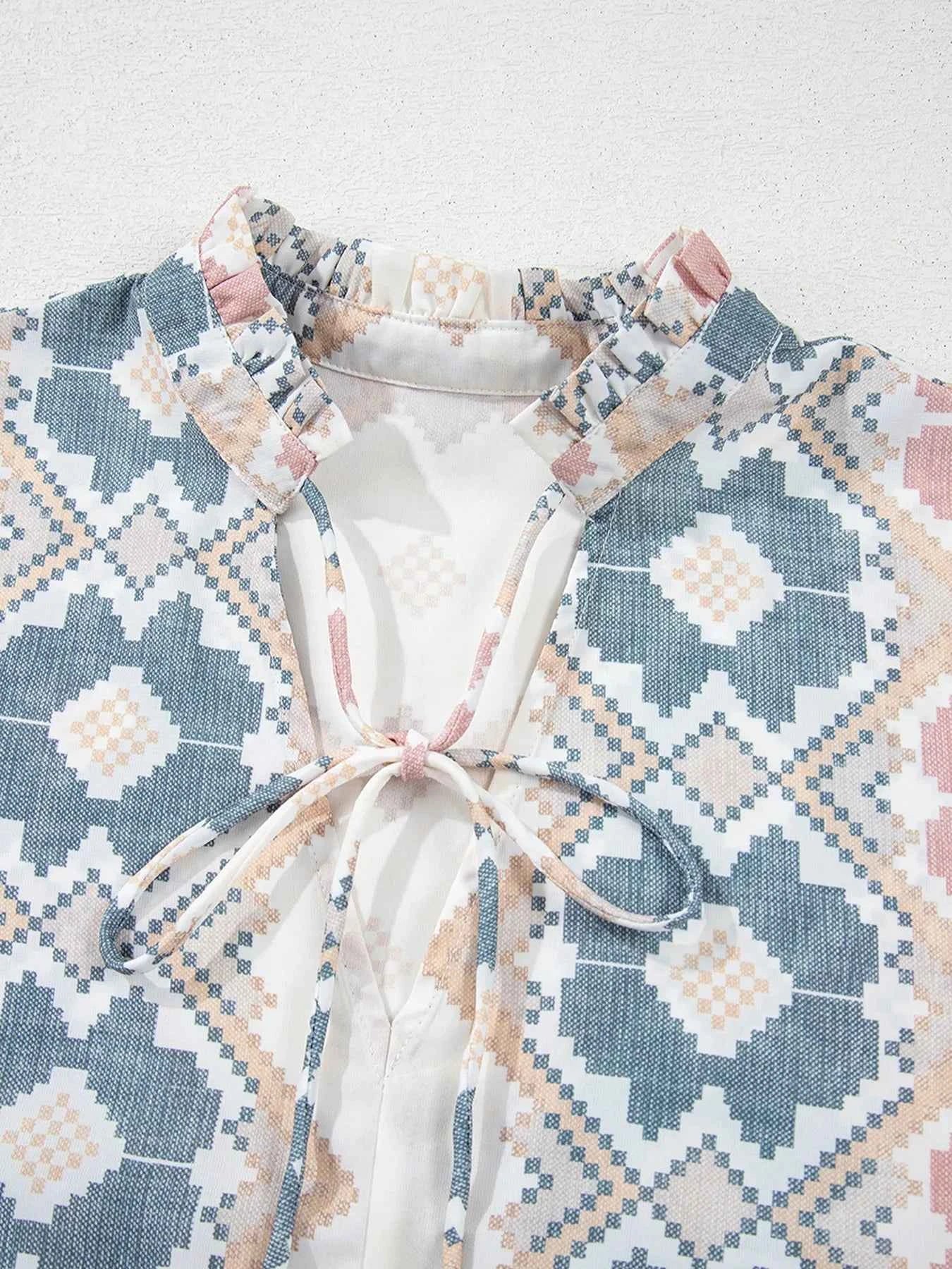 Bohemian Geometric Print Blouse with Tassel Tie 4d3fc20d-1776-44c6-858e-23e7560fbc62-Max-Origin
