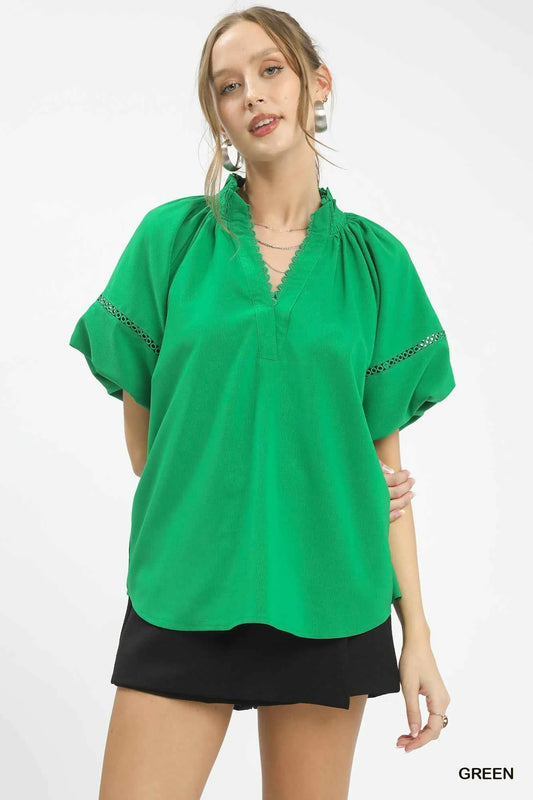 Umgee Lace Trim Peasant Top Green 4d4c4582-5a2f-4191-9c42-480f0a2c103c-Max