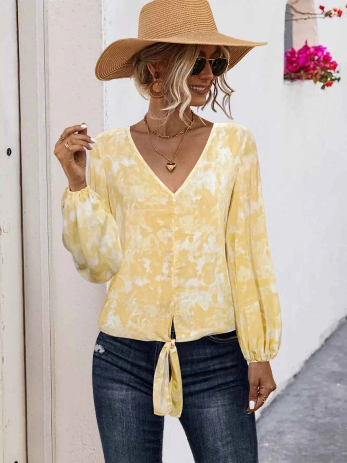 V-Neck Long Sleeve Tie-Front Blouse Pastel Yellow 4d4c5f77-bded-4b94-980e-be761215bf6f-Max-Origin