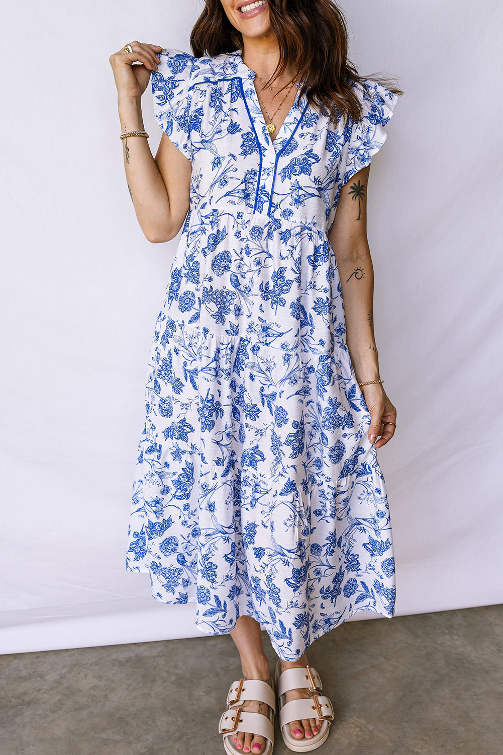Blue Ruffled Short Sleeve Tiered Floral Midi Dress 4d4d79120ff264f4