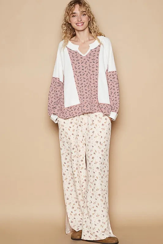 POL Waffle Knit Floral Notched Long Sleeve Top 4d500d86-3799-480c-8c72-c2890152d5c7-Max