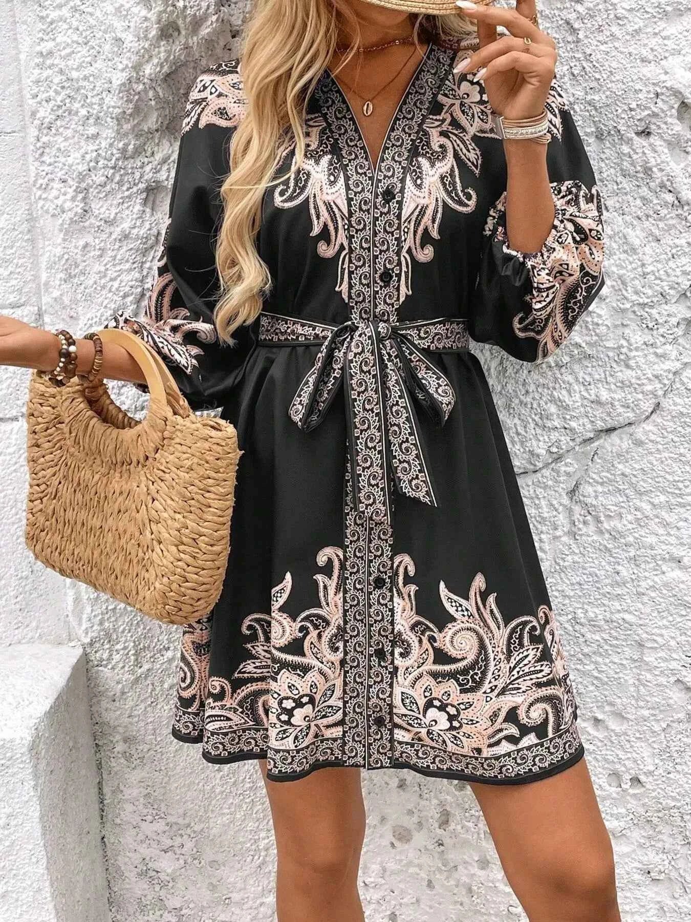 Printed Balloon Sleeve Mini Dress 4d51cb854196469bb13310baefae39fa-Max-Origin