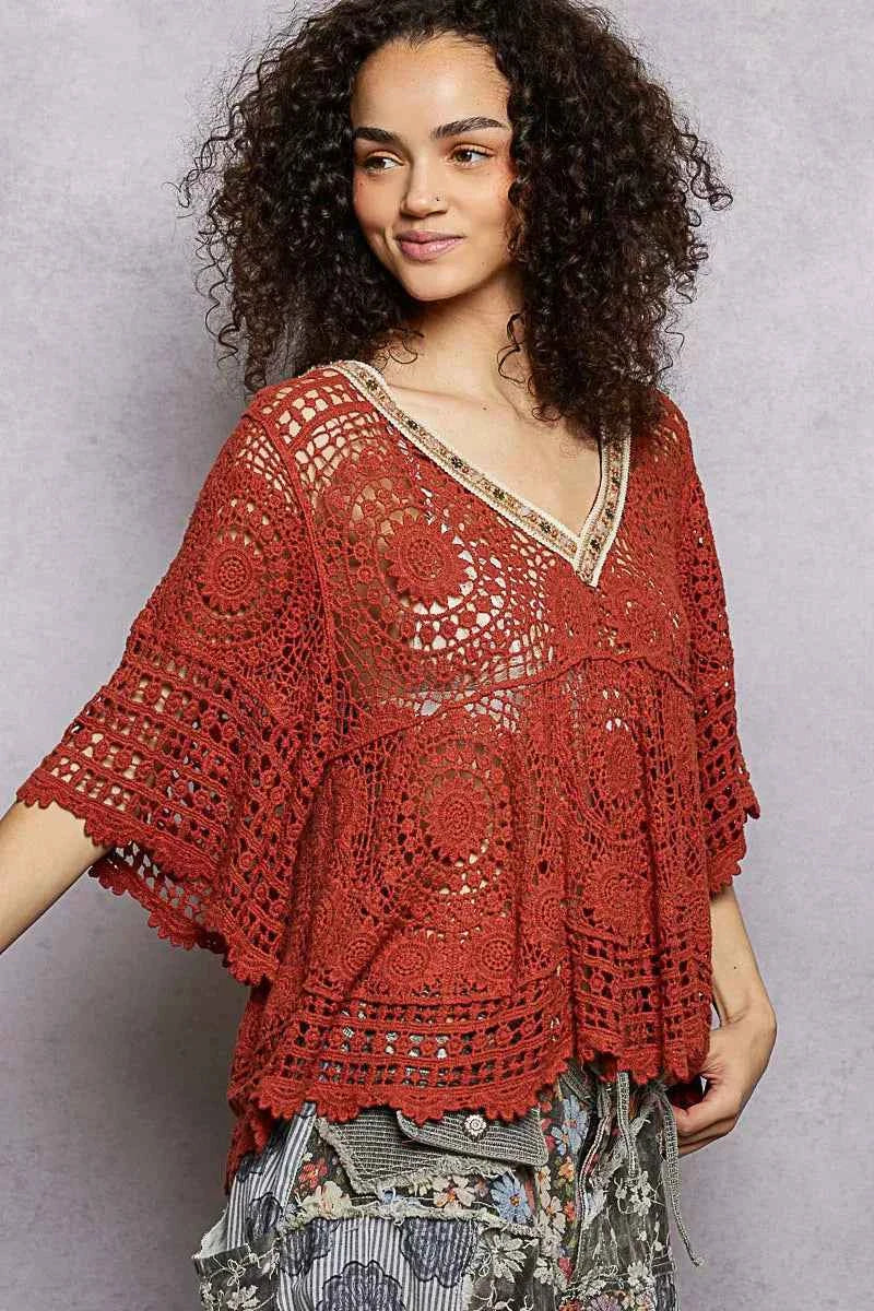 POL V-Neck Crochet Top with Scalloped Hem 4d54d363-abf5-4a89-a85c-6b45188742b9-Max-Origin