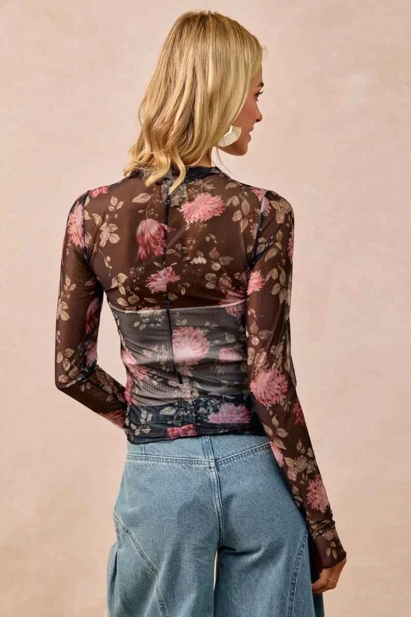 BiBi Flower Printed Mesh Lace Top with Thumb Opening 4d5ef7b3ad3c4b088fc2ddd3635fbcdd-Max-Origin