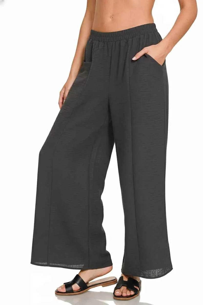 Zenana Woven Airflow Elastic Waistband Pants 4d6ca4e0-12d8-456d-9472-ef30b16694c5-Max-Origin