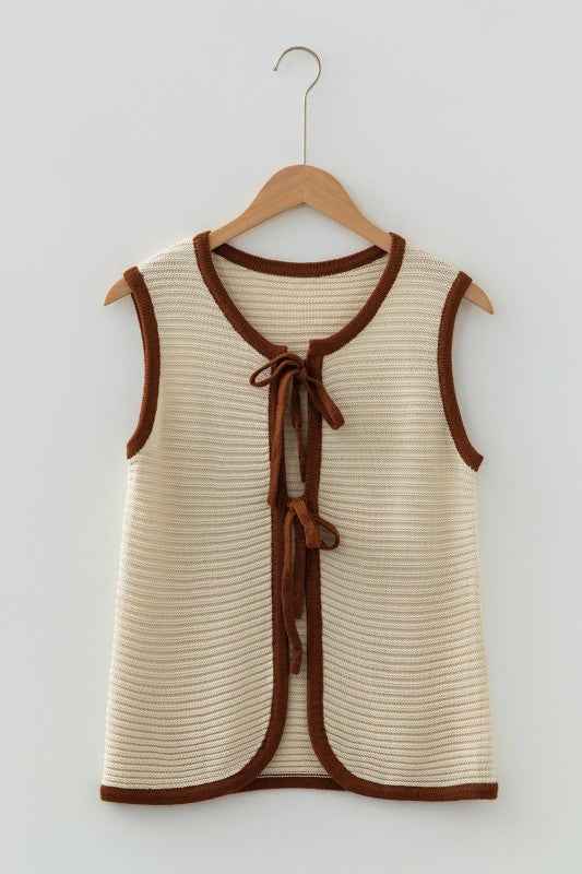 Contrast Trim Tie Front Ribbed Knit Sweater Vest 4d6d94bc-9c28-46e1-bcbc-f9197fe00437