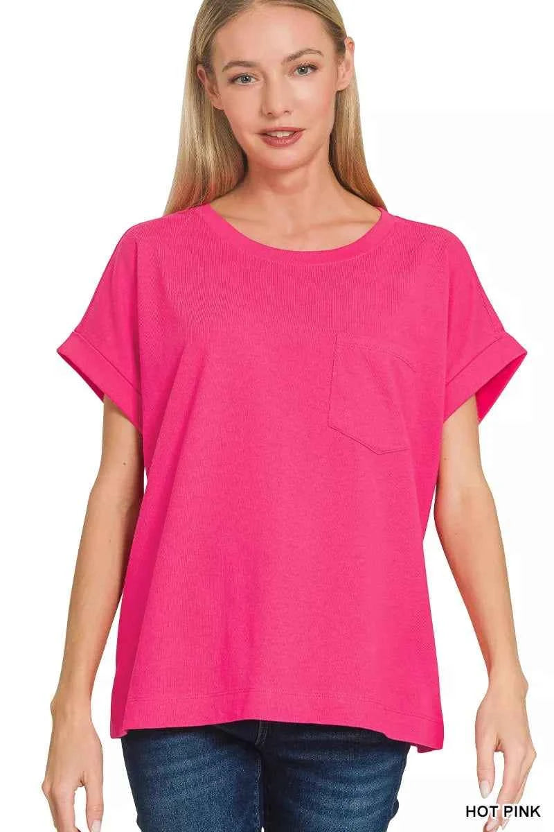 Zenana Cuffed Front Pocket Short Sleeve Tee HOT PINK 4d6deeb00c0645ea829b9c100aca1d75-Max-Origin