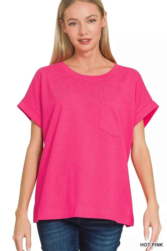 Zenana Cuffed Front Pocket Short Sleeve Tee HOT PINK 4d6deeb00c0645ea829b9c100aca1d75-Max-Origin
