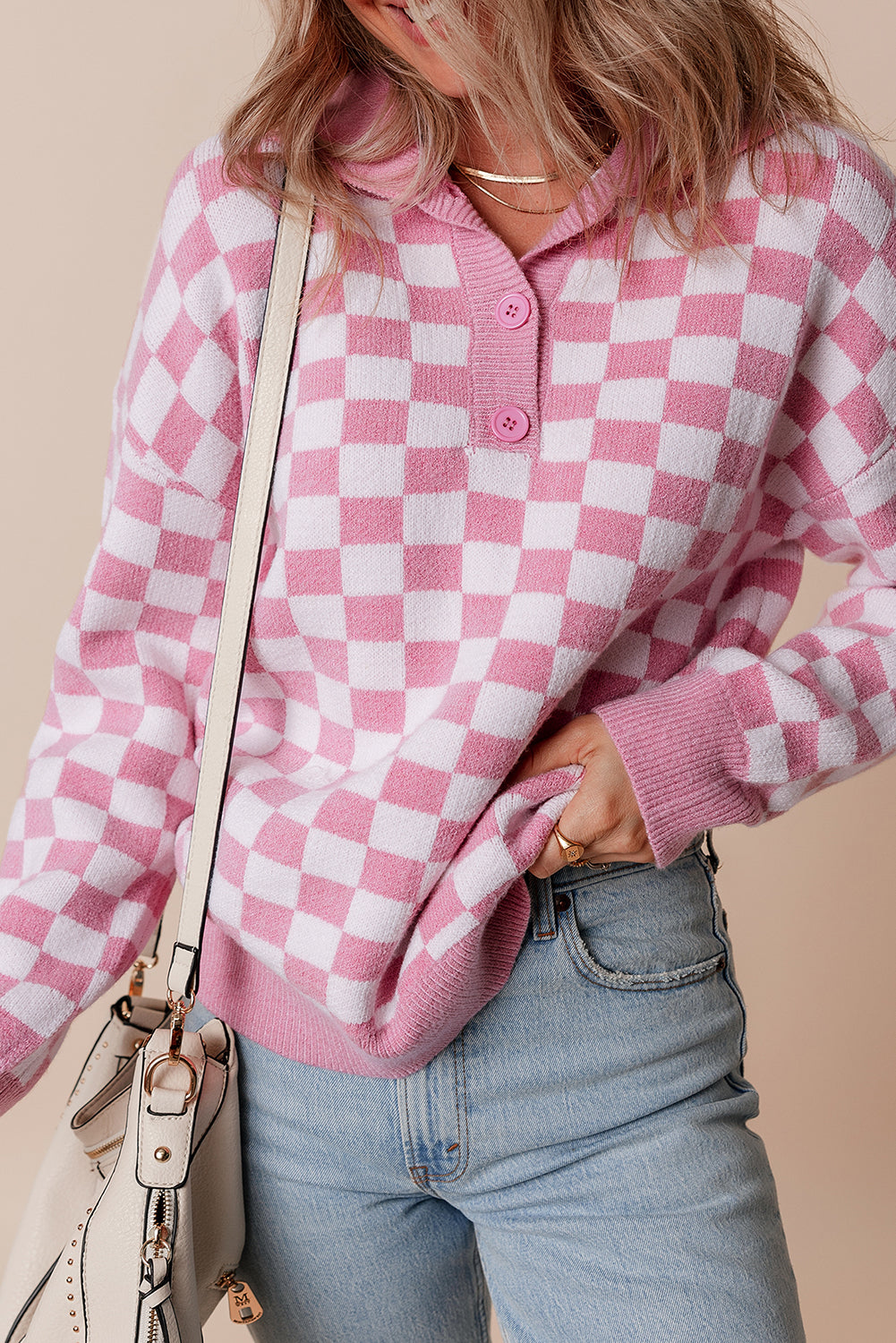 Pink Checkered Buttons Collar V Neck Drop Shoulder Sweater 4d7317421db5ad11