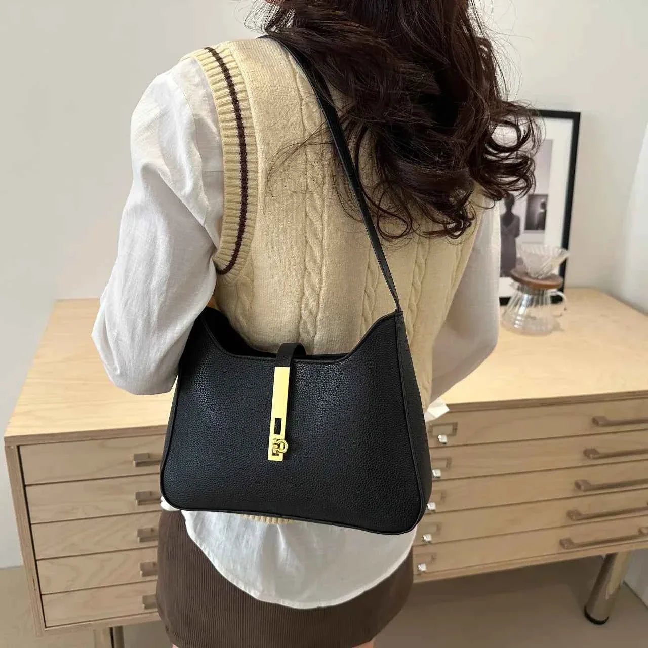 Leather Shoulder Bag with Gold Accent Black onesize 4d7be0cf35e6432995d7c091ee1c8a0d-Max-Origin