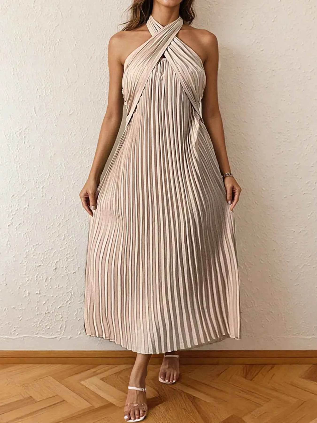 Pleated Halter Neck Midi Dress Apricot 4d82f7df453a41cf8d74f95840f32c88-Max-Origin