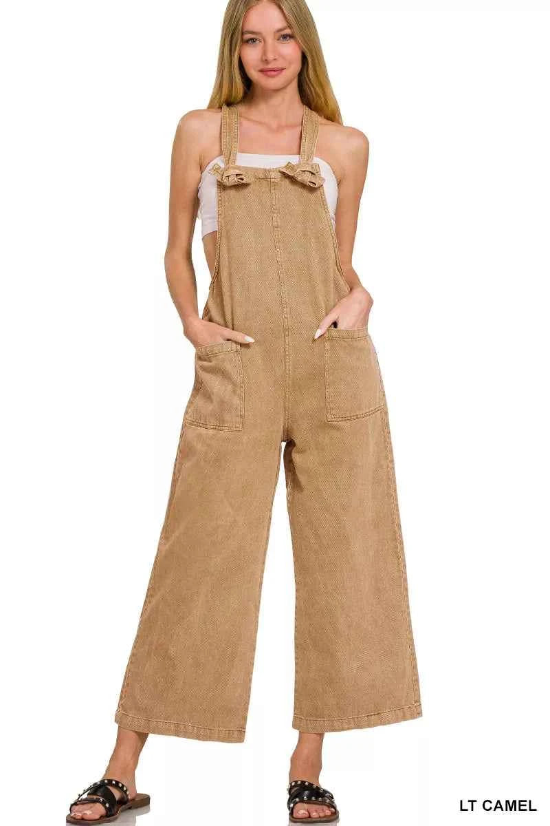 Zenana Washed Knot Strap Pockets Jumpsuit LT CAMEL 4d8d4251-18d4-496e-bf52-c7b8aa19e1f4-Max-Origin