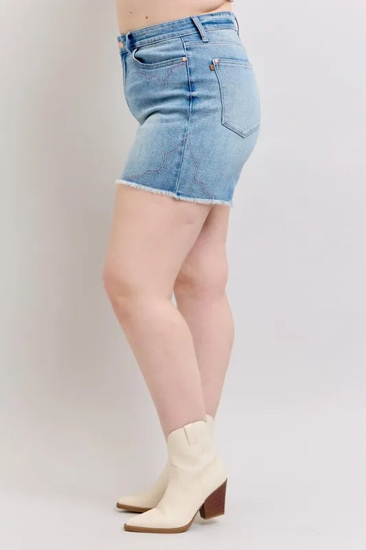 Judy Blue Full Size High Waist Western Embroidery Detail Cut Off Denim Shorts Plus Size 4d8df6b2-2cf9-4f3e-bc59-98faf5d5862f-Max-Origin