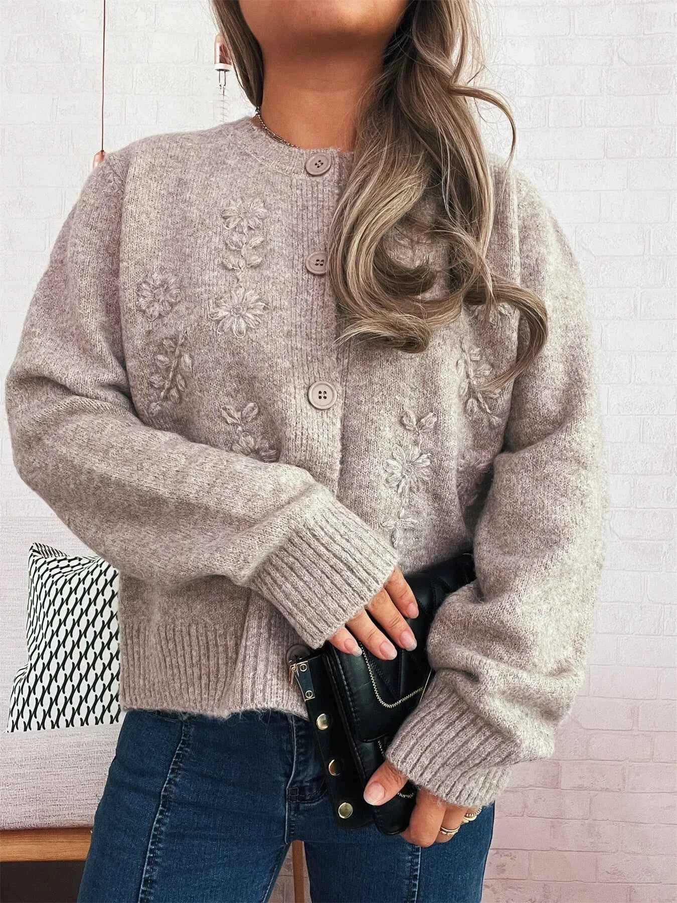Flower Button Up Ribbed Hem Cardigan Beige One Size-Regular 4d91149f2e7b40c4bb8348dd005613c8-Max-Origin
