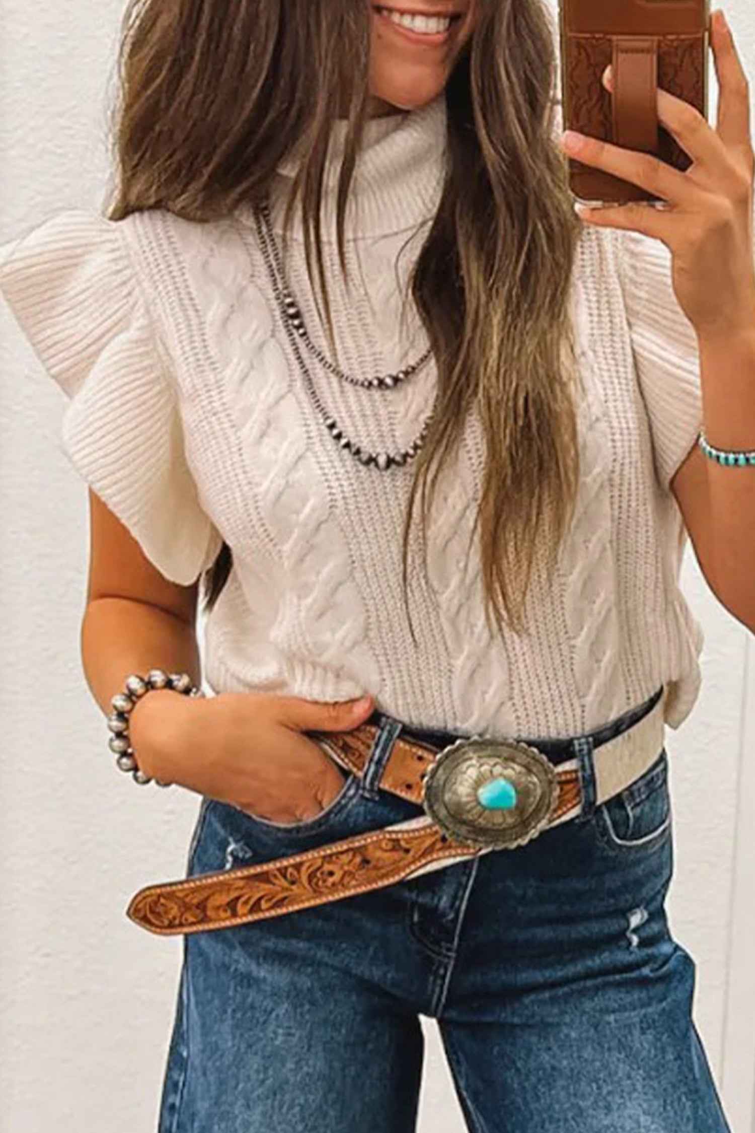 Tomato Red Cable Knit Turtleneck Ruffled Short Sleeve Sweater Jet Stream 52%Viscose+26%Polyester+22%Polyamide 4d936c20a4894ae5