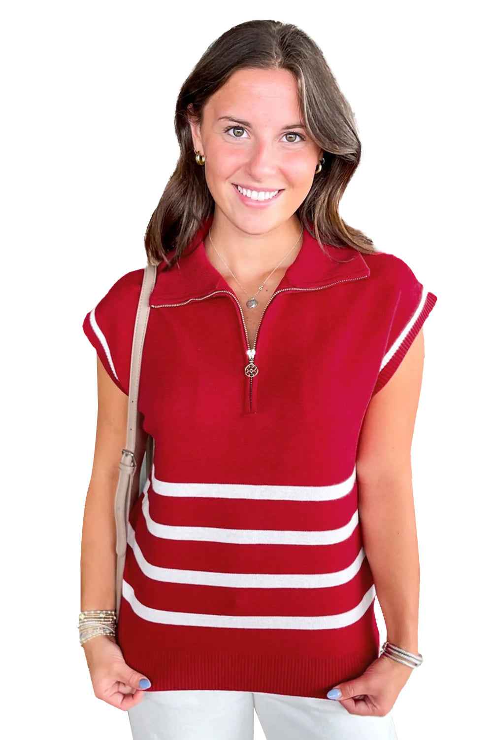 Fiery Red Quarter Zip Striped Detail Short Sleeve Sweater 4d969a004c4517fd