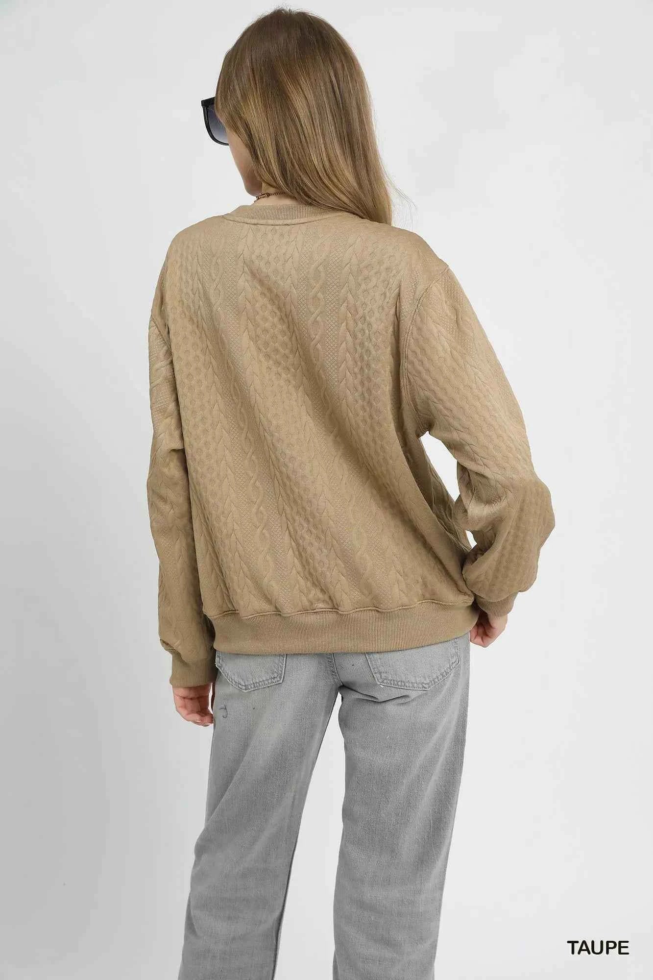Umgee Cable Texture Pattern Sweatshirt with Ribbed Hem 4d9a9dc9-fbdd-4605-b5c6-ebe330a29cbe-Max-Origin