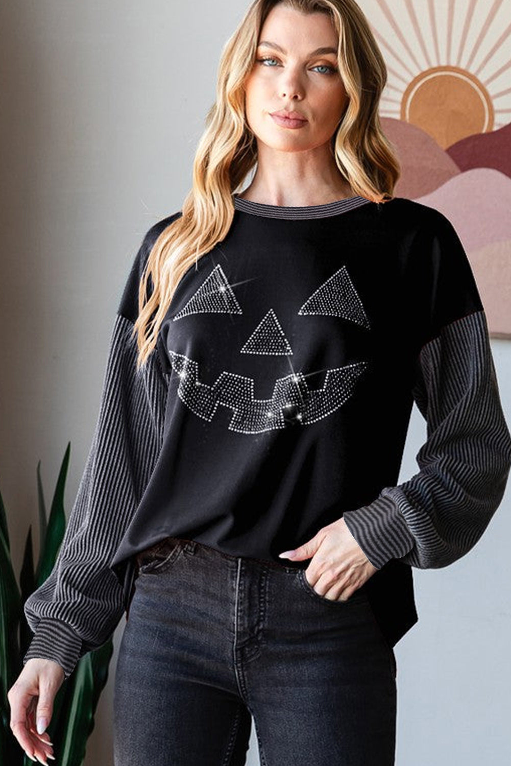 Black Halloween Rhinestone Pumpkin Contrast Ribbed Patchwork Top 4d9ae780e09cad47