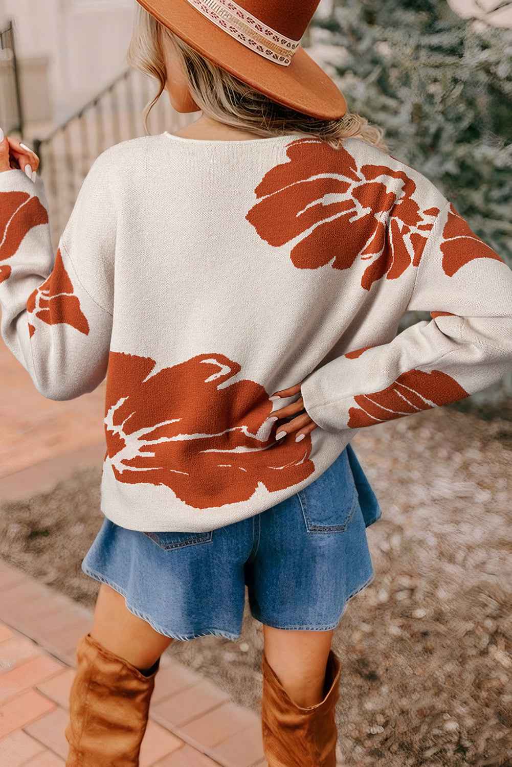 Green Flower Pattern Drop Sleeve Baggy Sweater 4d9bf9301ee75041