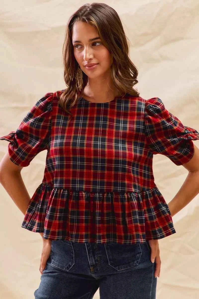 Christmas Holiday Plaid Ribbon Short Sleeves Top 4da15cadf13042e3867f4e587669a00a-Max-Origin