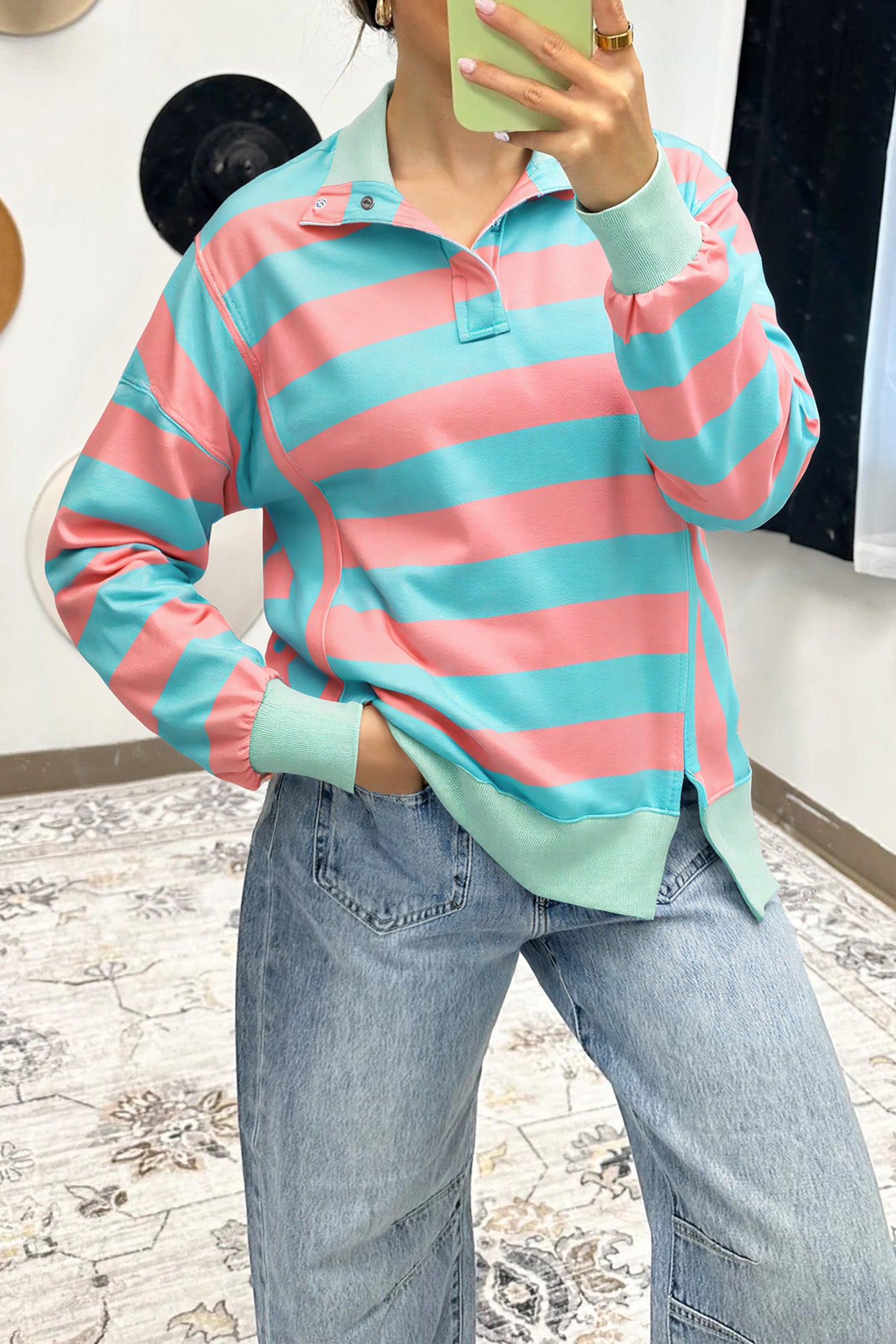 Pink Stripe Colorblock Drop Shoulder Buttoned Collar Side Slit Pullover Top Pink Stripe 95%Polyester+5%Elastane 4da3d3ec42de8582