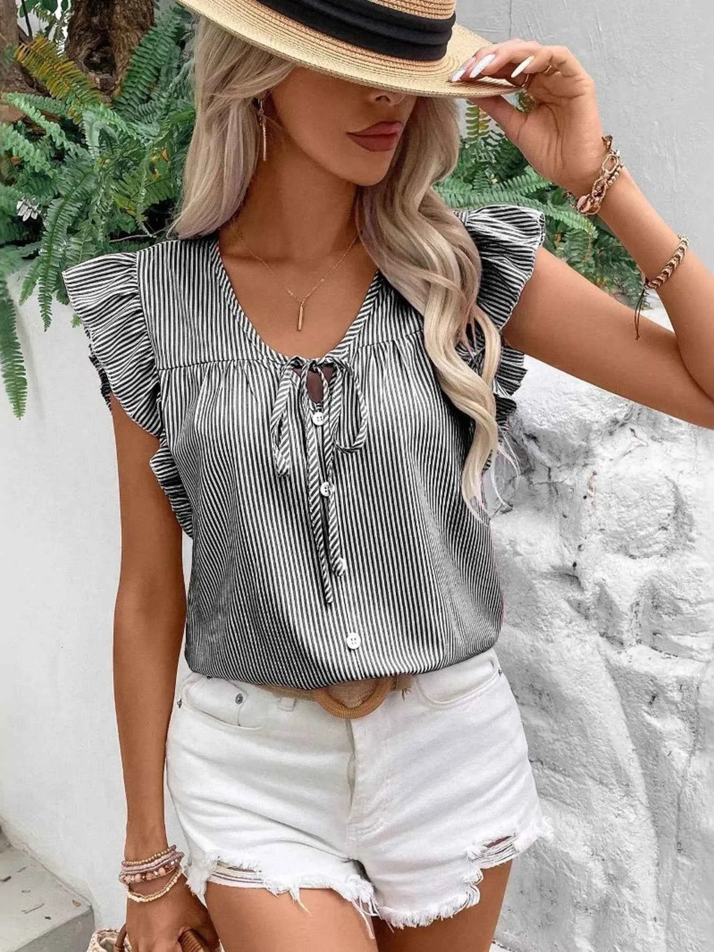 Striped Ruffle Sleeve Tie Front Blouse 4da66f8b3040456ba5e83532f648e73e-Max-Origin