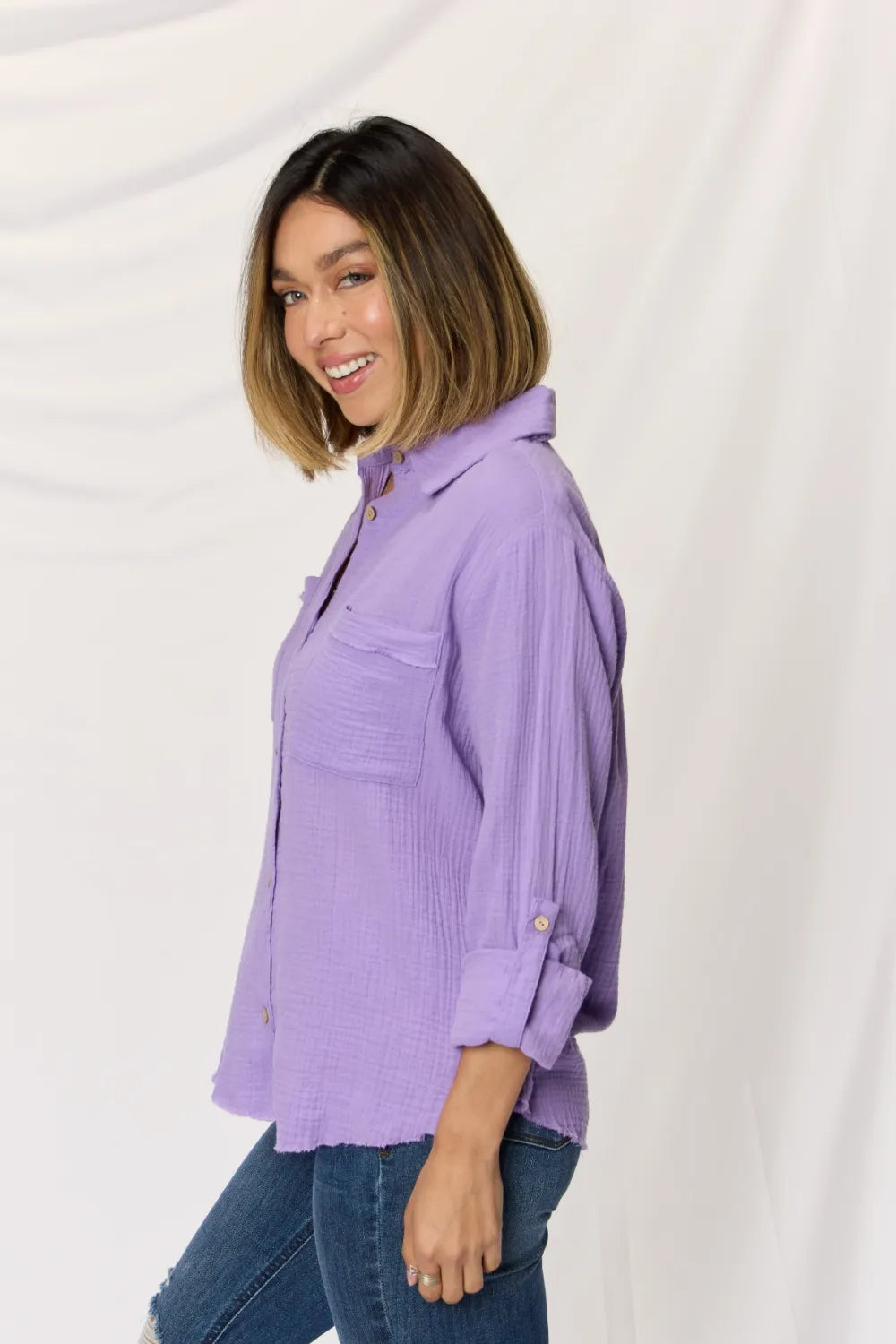 Zenana Texture Button Up Raw Hem Long Sleeve Shirt 4da8b173-0f78-46cb-9931-64db549818ca-Max