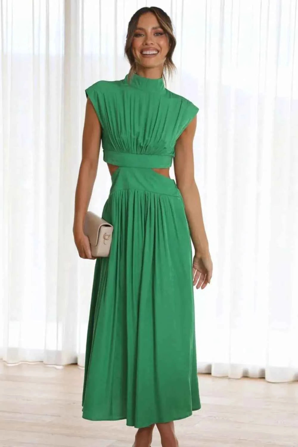 Cutout Mock Neck Sleeveless Ruched Dress Green 4db17237-0deb-4a85-87a9-8e7d7dbca431-Max