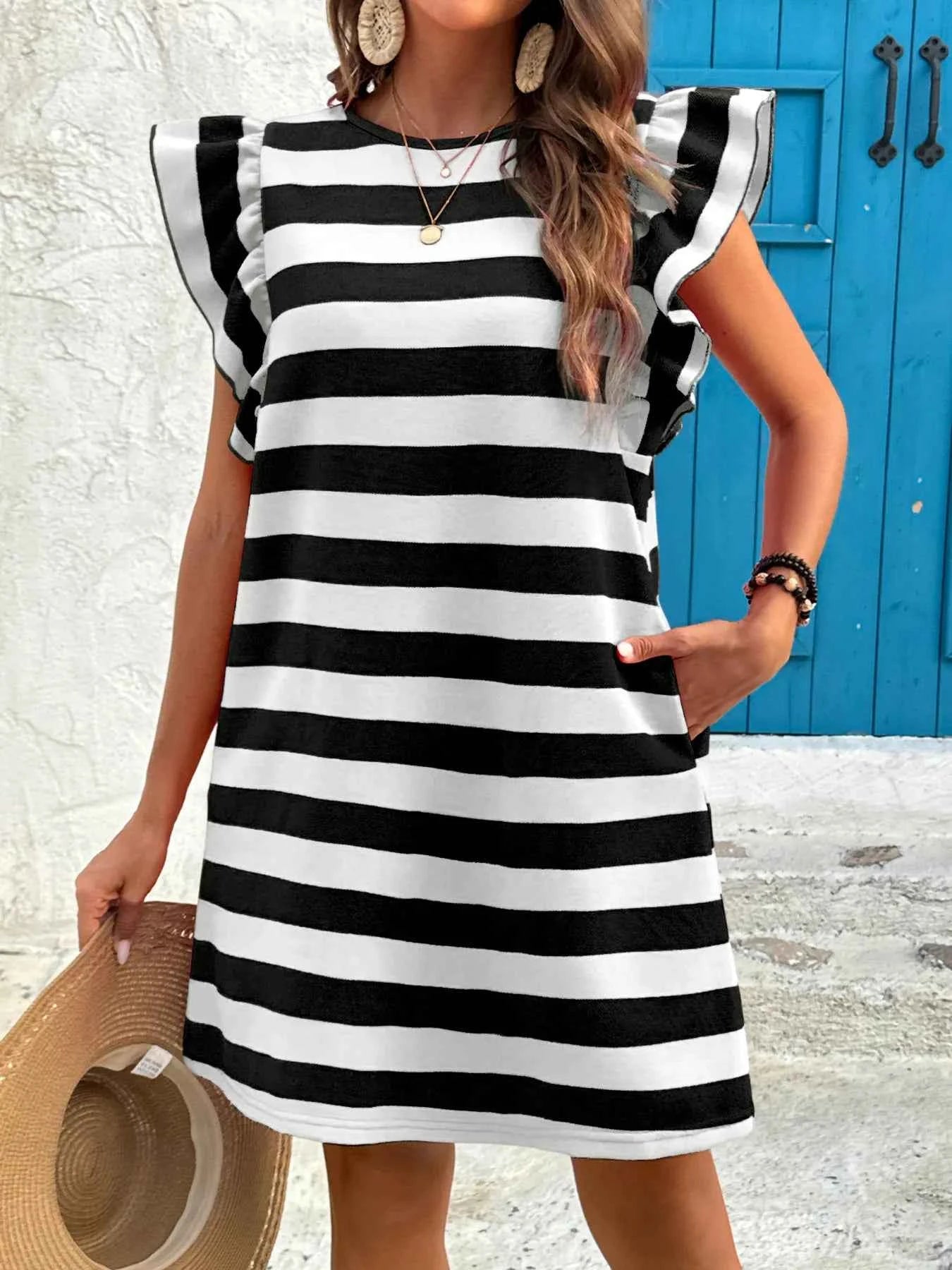 Striped Ruffle Sleeve Casual Summer Dress 4db48dc747e74097ada55384ac9de880-Max-Origin