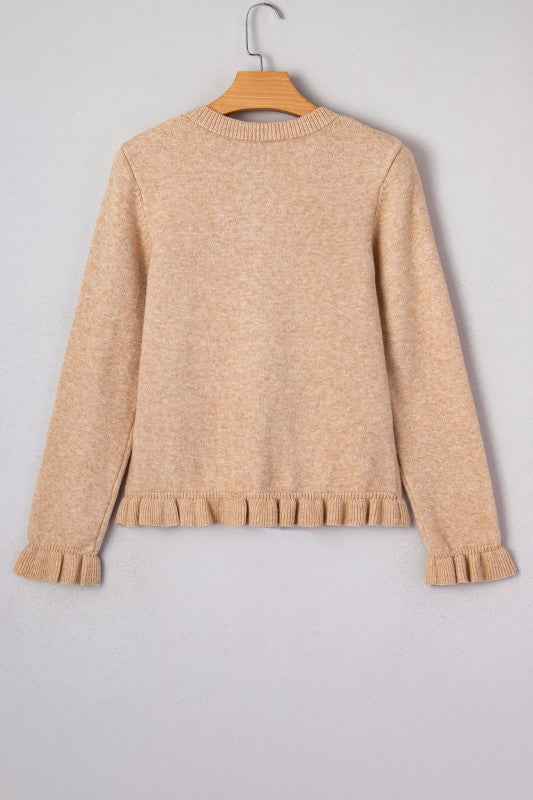 Solid Ruffle Trim Button Front Cardigan 4dbebcd3-2c61-4838-adea-3a7a1c22ae24