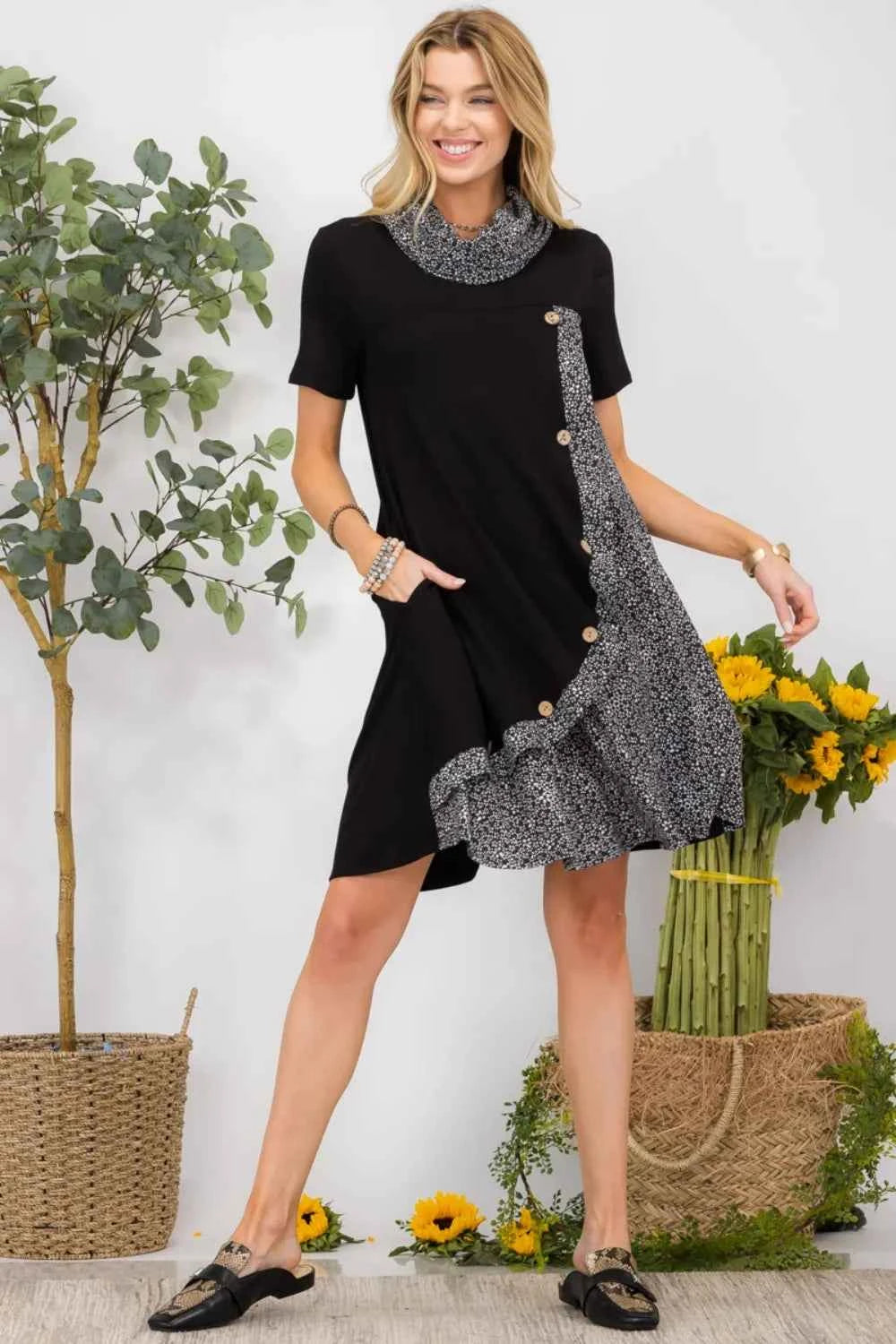 Celeste Full Size Decor Button Short Sleeve Dress with Pockets Plus Size Black 4dbfb24e-691d-47d8-8f36-5ec02db33d56-Max