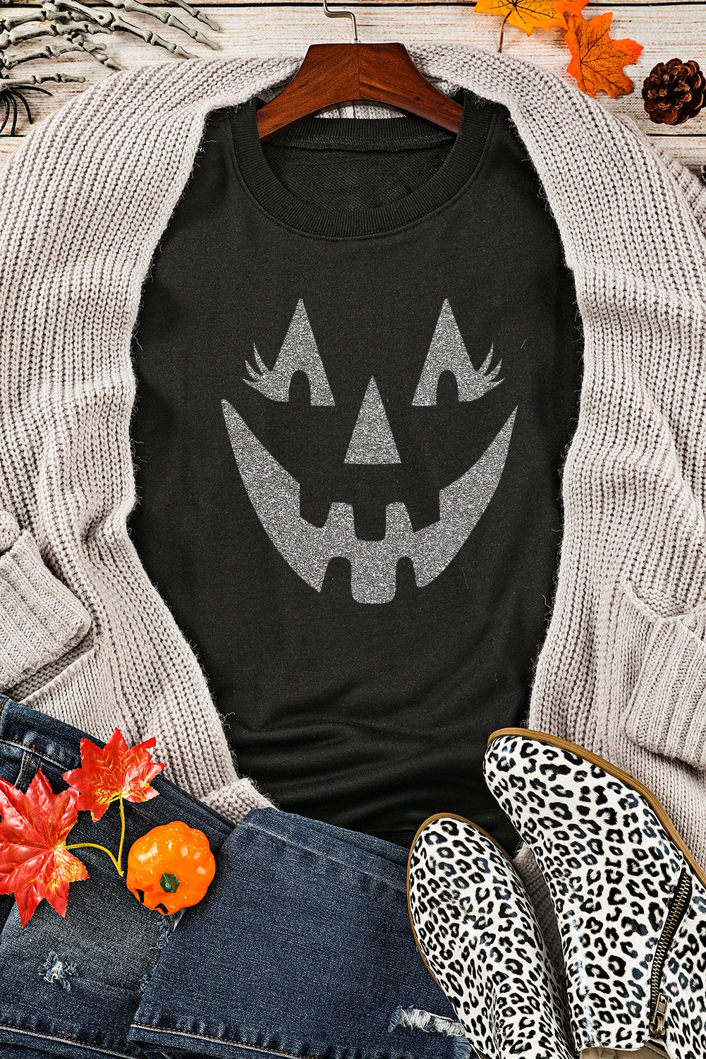 Black Spooky Halloween Transfer Vinyl Process Graphic Sweatshirt Black 50%Polyester+50%Cotton 4dc1bfa8c88dfbc9
