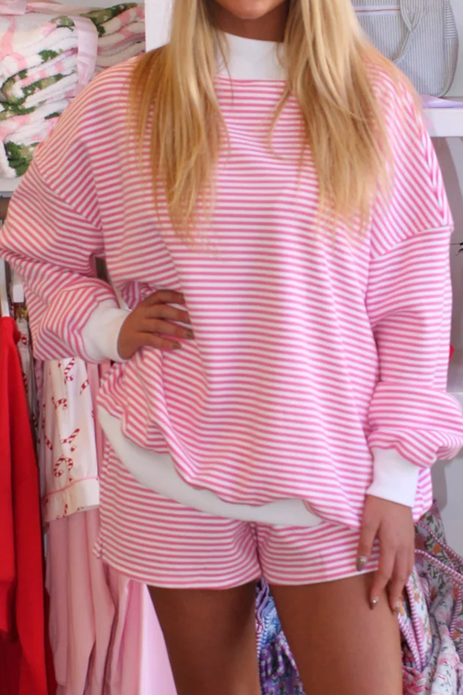 Pink Stripe Oversize Mock Neck Sweatshirt and Shorts Set 4dc254358b9306a3