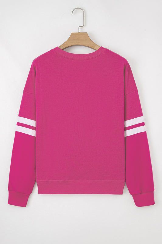 Rose Red Hello Valentine Varsity Striped Sleeve Baggy Sweatshirt 4dc2c0cbbba70835